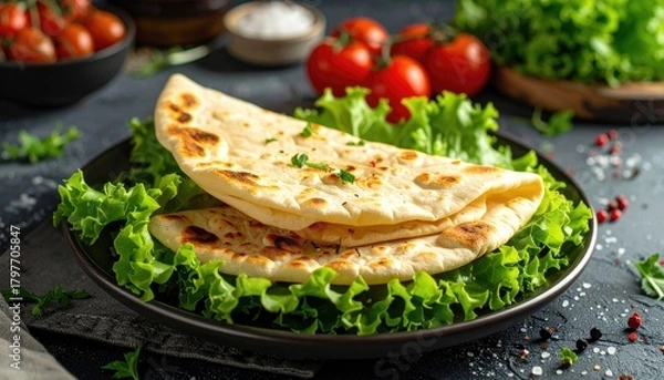 Fototapeta Golden Brown Naan Bread Served on a Bed of Crisp Green Lettuce Garnished with Chopped Parsley and Sprinkled Salt and Pepper with Cherry Tomatoes and Lettuce in the Background