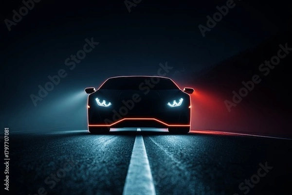 Fototapeta Low-angle shot looking up at a clean, supercar with bright underglow lighting (focused on the effect) silhouetted against a dark, empty highway, power, perspective, high