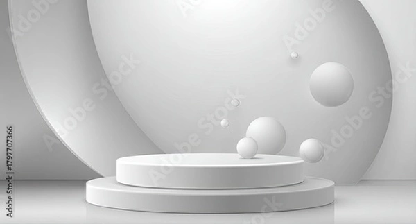 Fototapeta A minimalist, grey, three-dimensional podium with floating spheres in a white abstract composition
