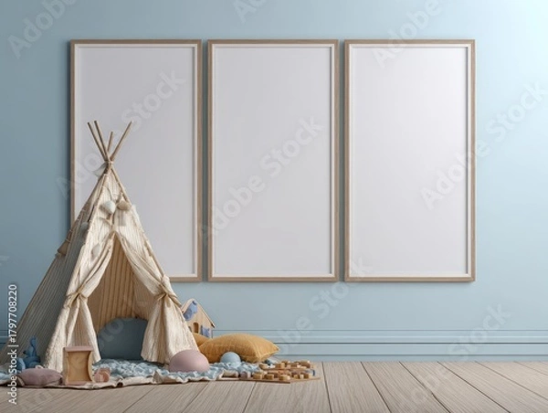 Fototapeta Children's room interior featuring a teepee, frames, wooden floor, and soft colors