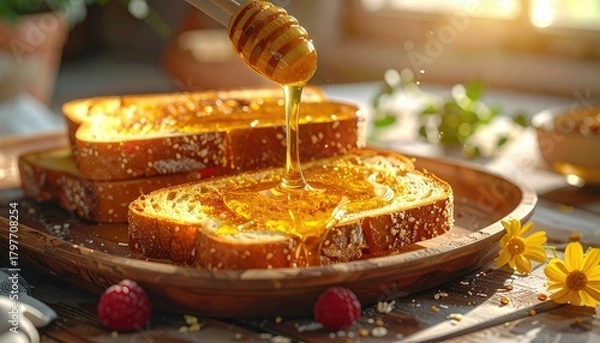 Obraz Golden Honey Drizzling Onto Stacked Toasted Bread Slices Garnished With Raspberries And Yellow Flowers In Warm Sunlight