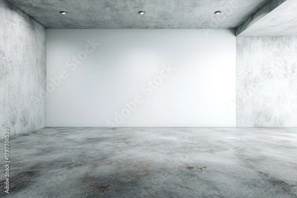 Fototapeta A minimalist, empty interior space with concrete walls, floors, and ceiling, spot lit