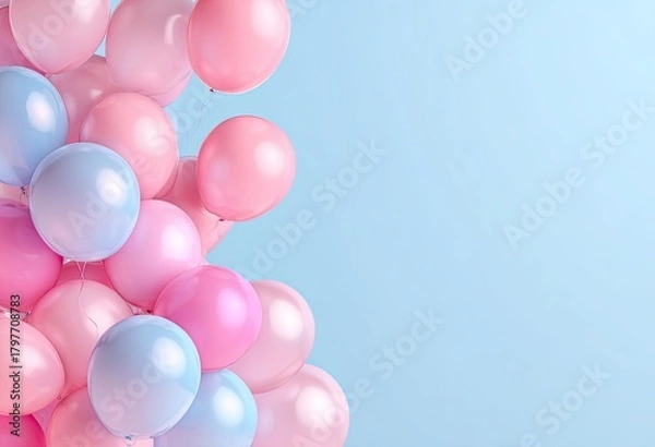Fototapeta Pastel-colored balloons in pinks and blues, filling the left edge of a light-blue background