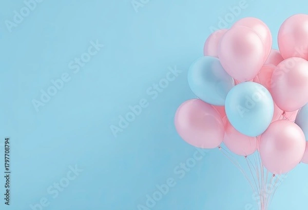 Fototapeta Pastel-colored balloons in pink and blue against a light blue backdrop, suggesting a celebration