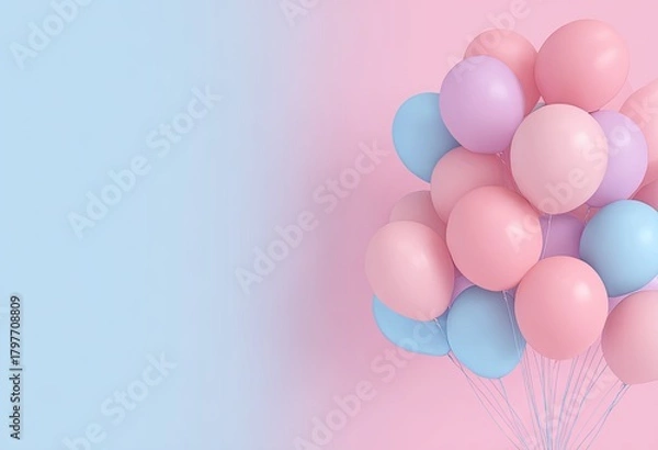 Fototapeta A pastel-colored background is filled with balloons in pink, blue, and lavender shades