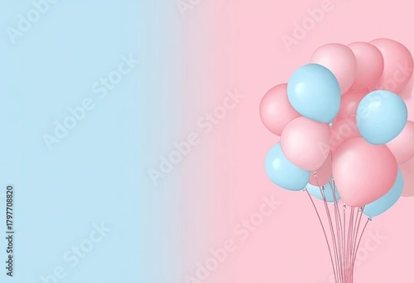 Fototapeta Bunch of floating balloons in pastel shades of blue and pink against a gradient background