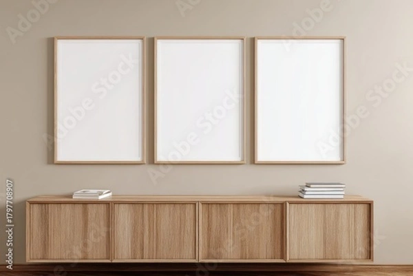 Fototapeta Three framed blank artworks above a wooden cabinet against a beige wall. Books are on cabinet