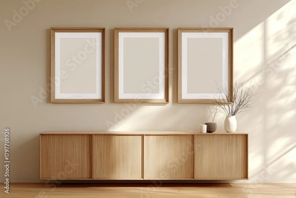 Fototapeta A wooden cabinet displays framed art, a vase, and decor against a beige wall with natural light