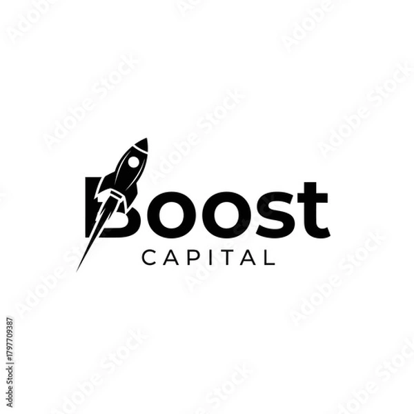 Obraz Boost Capital logo design featuring a dynamic rocket ship icon.