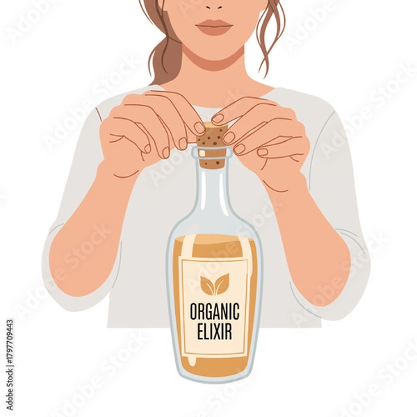 Obraz White woman opening bottle of organic elixir with copy space