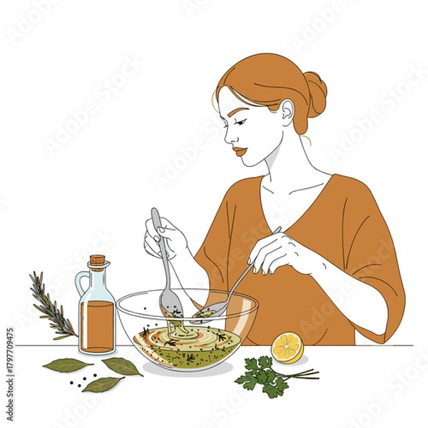 Obraz White woman preparing herbal dressing with vinegar and herbs with copy space