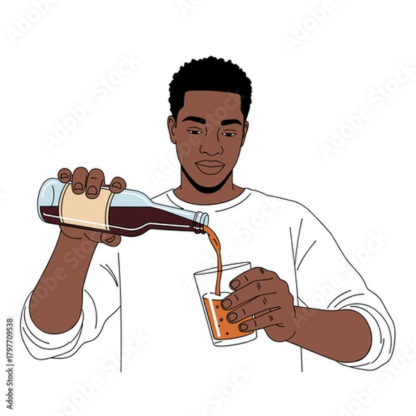 Obraz Black man pouring artisanal probiotic drink into glass with copy space