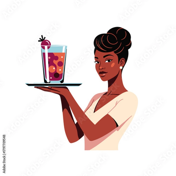 Obraz Black woman serving colorful probiotic drink on tray with copy space