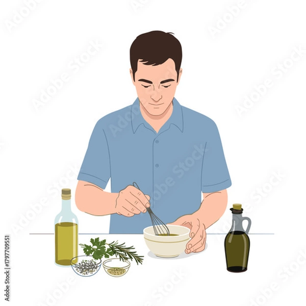 Obraz White man preparing artisanal dressing with herbs and vinegar with copy space