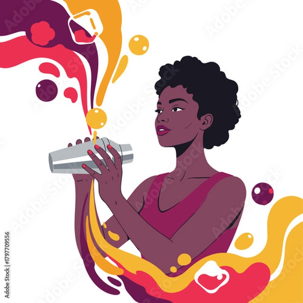 Obraz Black woman mixing colorful probiotic cocktail with abstract splash design