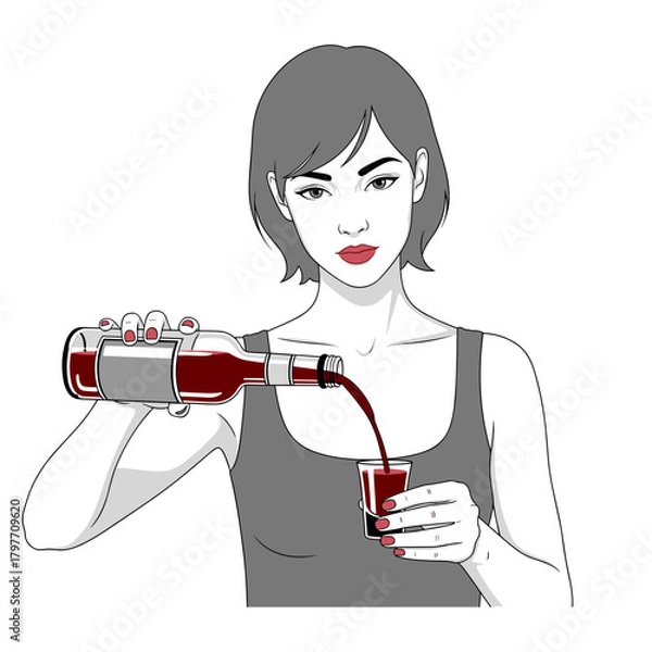 Obraz White woman pouring red probiotic shot from glass bottle with copy space
