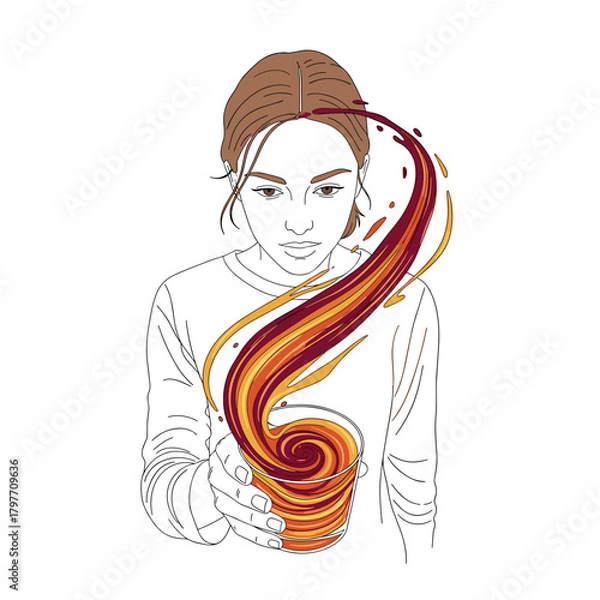 Obraz White woman holding swirling probiotic drink with abstract motion and copy space