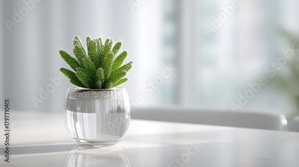 Fototapeta tiny cactus in a transparent glass pot standing on a glossy white surface with soft light reflections, 3d render
