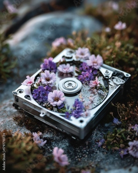 Fototapeta Vintage hard drive opened with delicate flowers growing inside, contrast of nature and obsolete technology