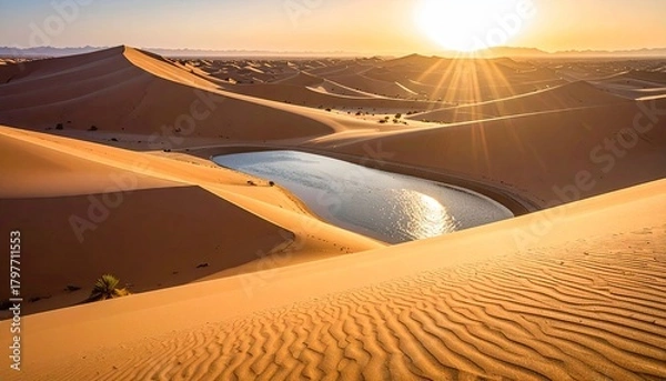 Fototapeta Golden Sand Dunes At Sunrise With Rippled Patterns Reflecting Sunlight In A Small Desert Oasis