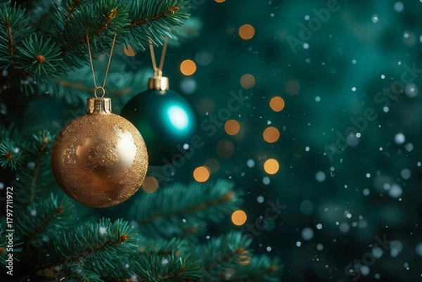 Fototapeta Christmas tree with green and golden ball decoration with light decoration in winter bokeh glitter background