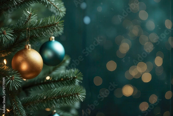 Fototapeta Christmas tree with green and golden ball decoration with light decoration in winter bokeh glitter background