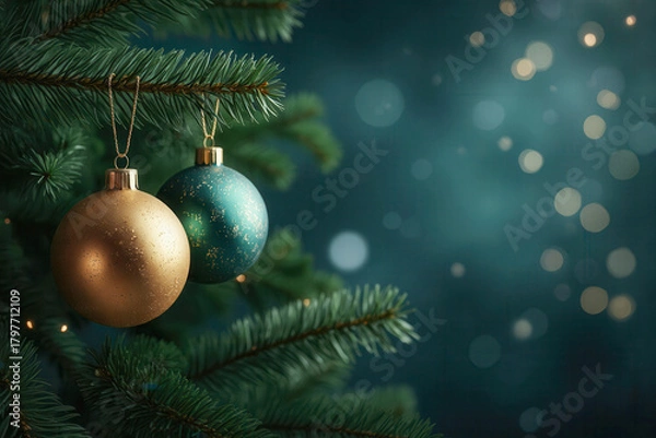 Fototapeta Christmas tree with green and golden ball decoration with light decoration in winter bokeh glitter background