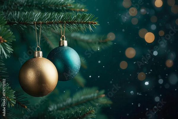 Fototapeta Christmas tree with green and golden ball decoration with light decoration in winter bokeh glitter background