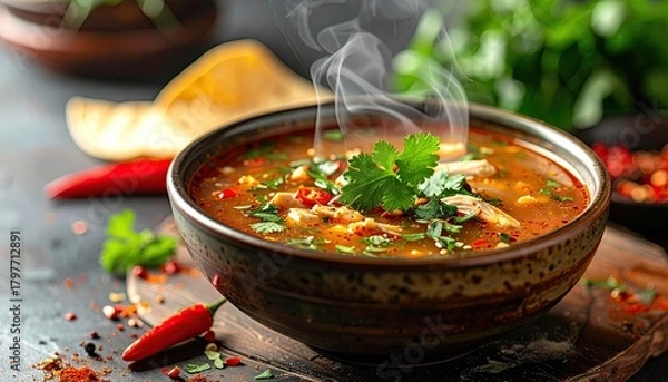 Fototapeta Hearty Spicy Stew Served in a Rustic Bowl Garnished with Fresh Herbs and Red Peppers with Steaming Aroma on a Wooden Board
