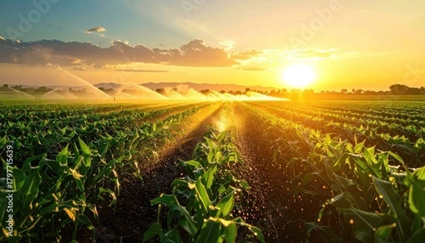 Fototapeta Golden Sunset Over Irrigated Corn Field With Water Sprinklers Creating Rainbows and Lens Flare in Rural Landscape