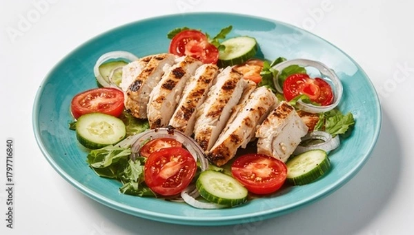 Fototapeta Grilled chicken salad featuring tomato, cucumber, and onion served on a turquoise plate, protein-rich meal