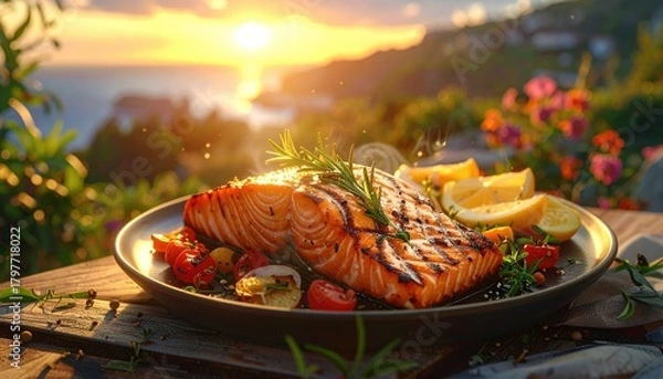 Fototapeta Gourmet Grilled Salmon Fillet With Lemon And Cherry Tomatoes Served Outdoors At Sunset With Coastal Ocean View And Lush Greenery