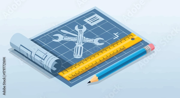 Fototapeta Isometric blueprint with tools ruler and pencil for technical design project