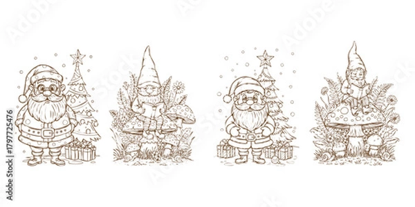 Obraz Collection of four whimsical christmas illustrations featuring santa claus, gnomes, and trees