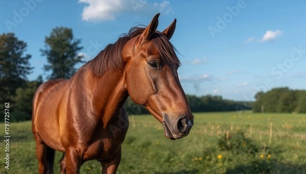 Fototapeta Working horse in a summer farm field setting, emphasizing teamwork in agriculture