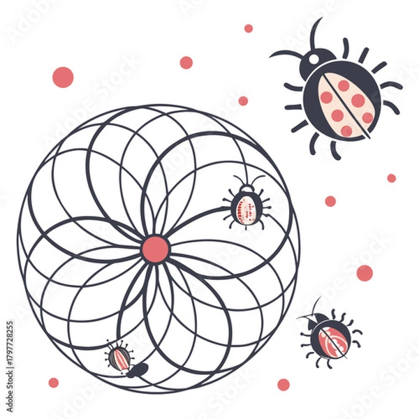 Obraz Whimsical ladybugs explore a geometric mandala pattern with scattered pink dots on a white background