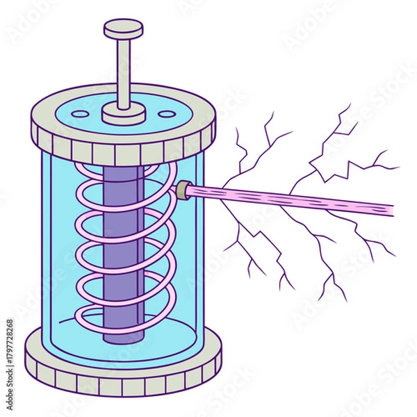 Obraz Abstract illustration of a scientific experiment with a glowing pink energy beam emitting from a cylindrical device