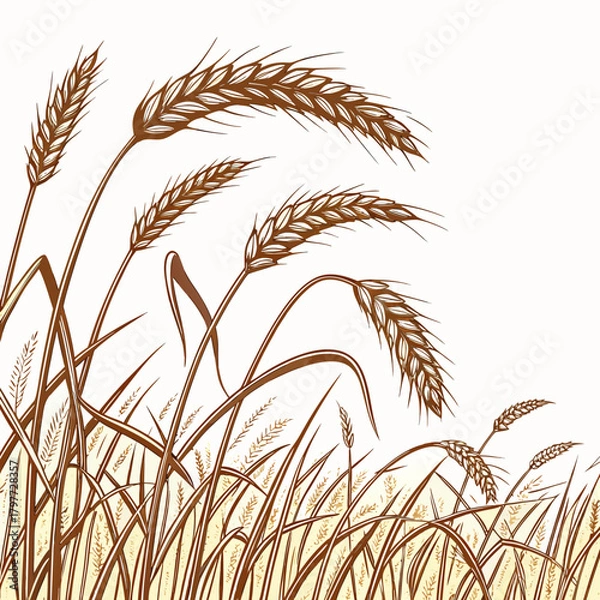 Obraz Stylized illustration of ripe brown wheat stalks swaying gently in a field against a white background