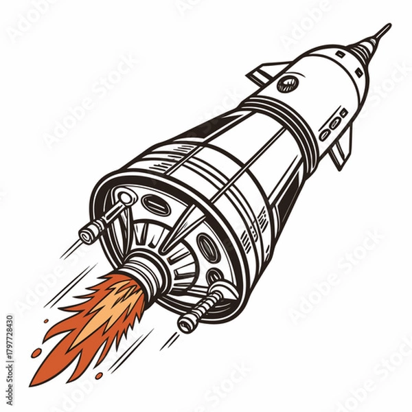 Obraz Retro style rocket ship blasting off with fiery exhaust flames against a white background