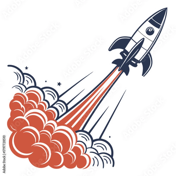 Obraz Retro style cartoon rocket blasting off with fiery exhaust and stylized smoke clouds against a white background