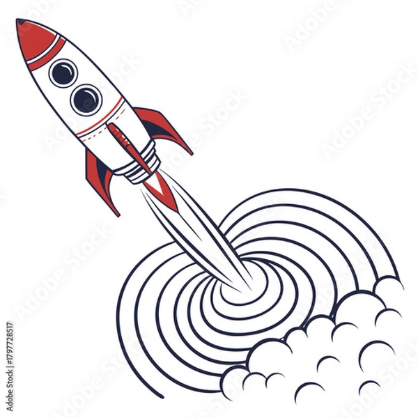 Obraz Retro style cartoon rocket ship blasting off into space leaving a trail of smoke and concentric circles