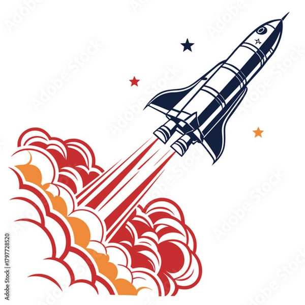 Obraz Stylized retro rocket ship blasting off into space leaving a trail of fiery exhaust and smoke with stars