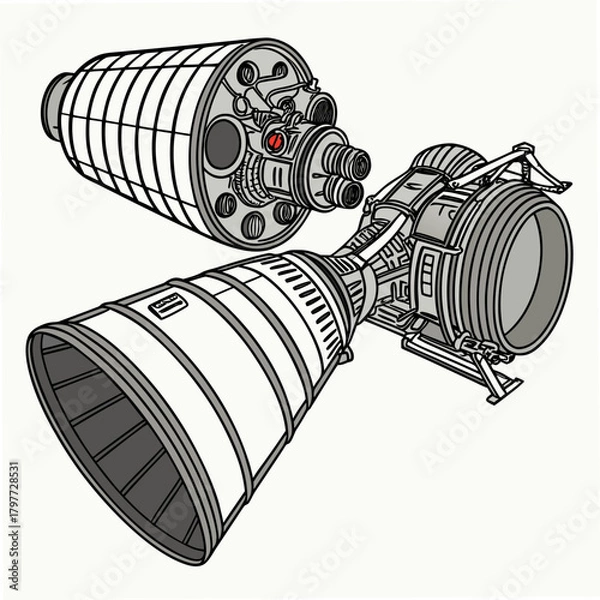 Obraz Detailed illustration of a rocket engine nozzle and booster stage with intricate mechanical components and a red indicator light