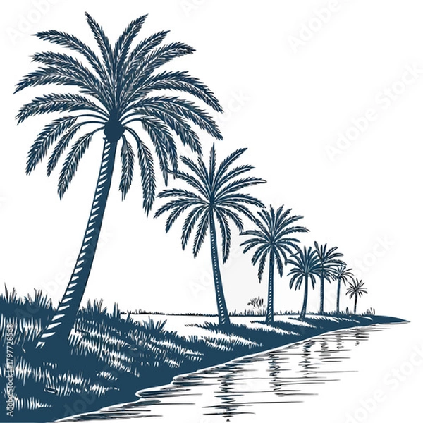 Obraz A serene line of palm trees along a calm body of water with lush green grass and a white background