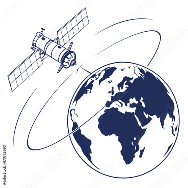 Obraz A satellite orbits the earth depicted in a simple blue line art style against a white background
