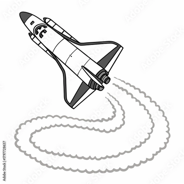 Obraz Illustration of a cartoon space shuttle launching into the sky leaving a trail of smoke behind it