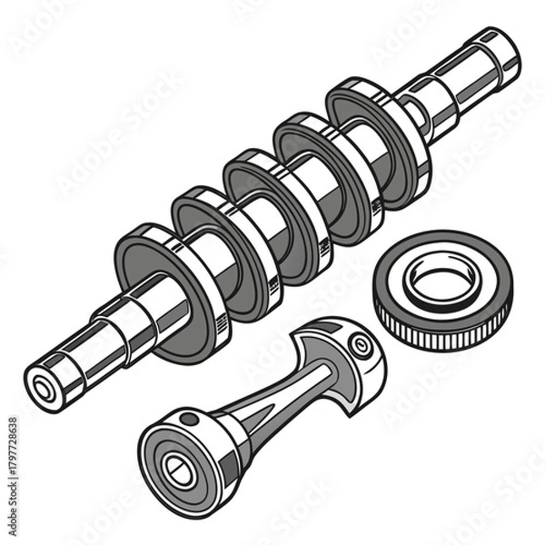 Obraz Detailed isometric illustration of engine components including a camshaft piston and bearing on a white background