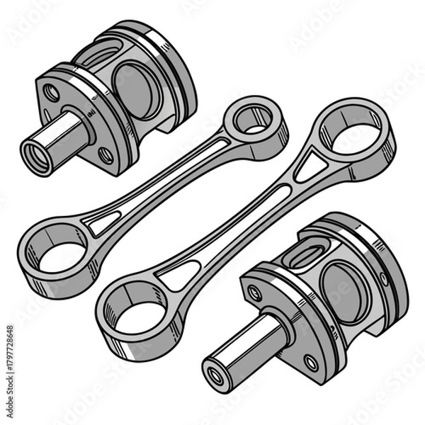 Obraz Detailed isometric illustration of two engine pistons and two connecting rods on a white background