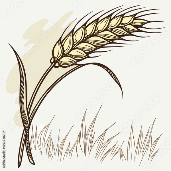 Obraz A single stalk of golden wheat with detailed lines stands tall against a soft beige background with wispy grass below