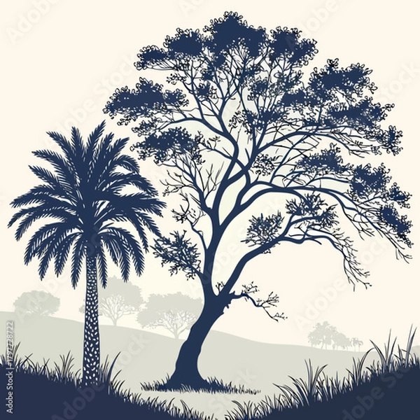 Obraz Silhouette of a tall palm tree and a large deciduous tree against a pale background with rolling hills